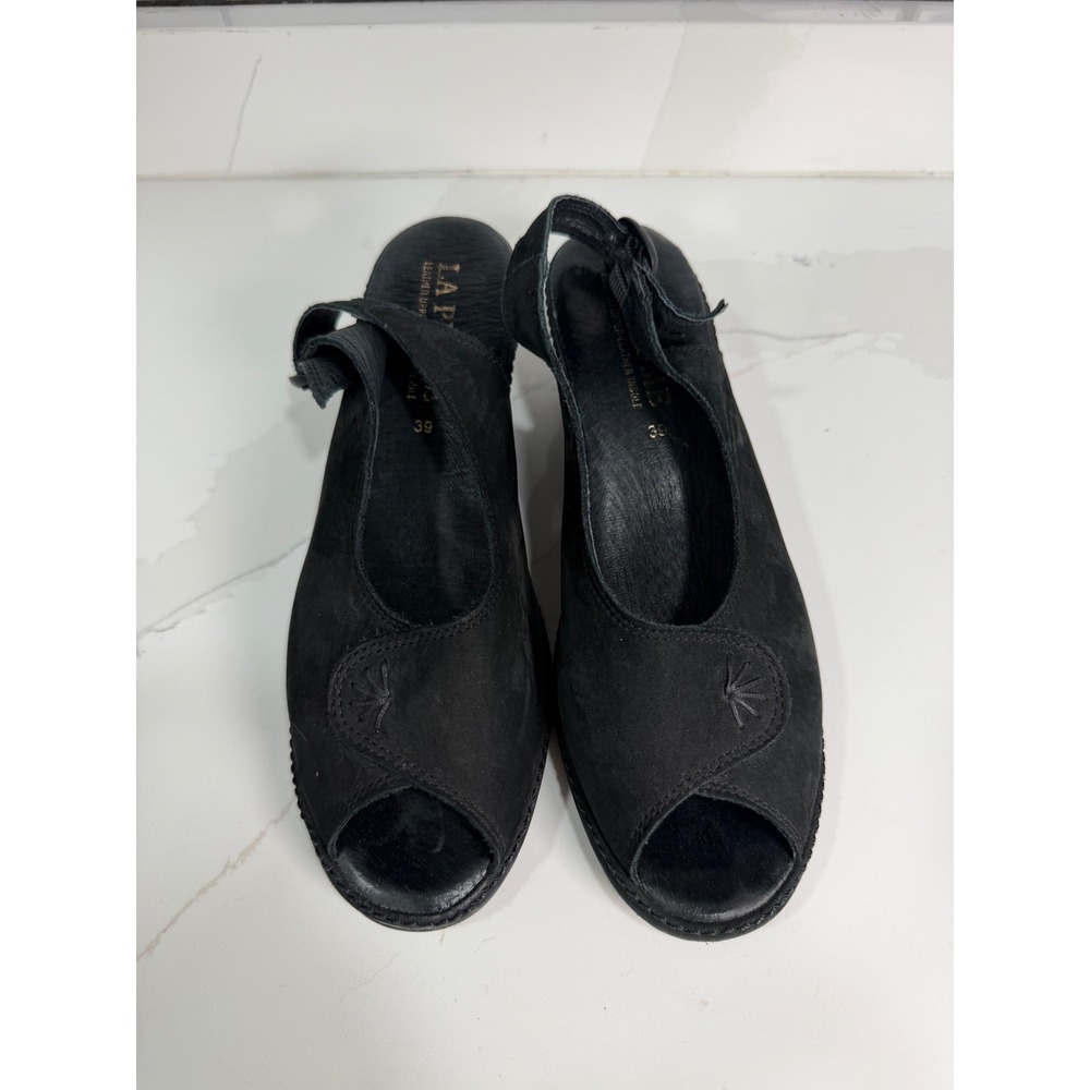 La Plume Black Nubuck Leather Peep Toe Wedge Slingback Sandals Italy 39 US 8.5